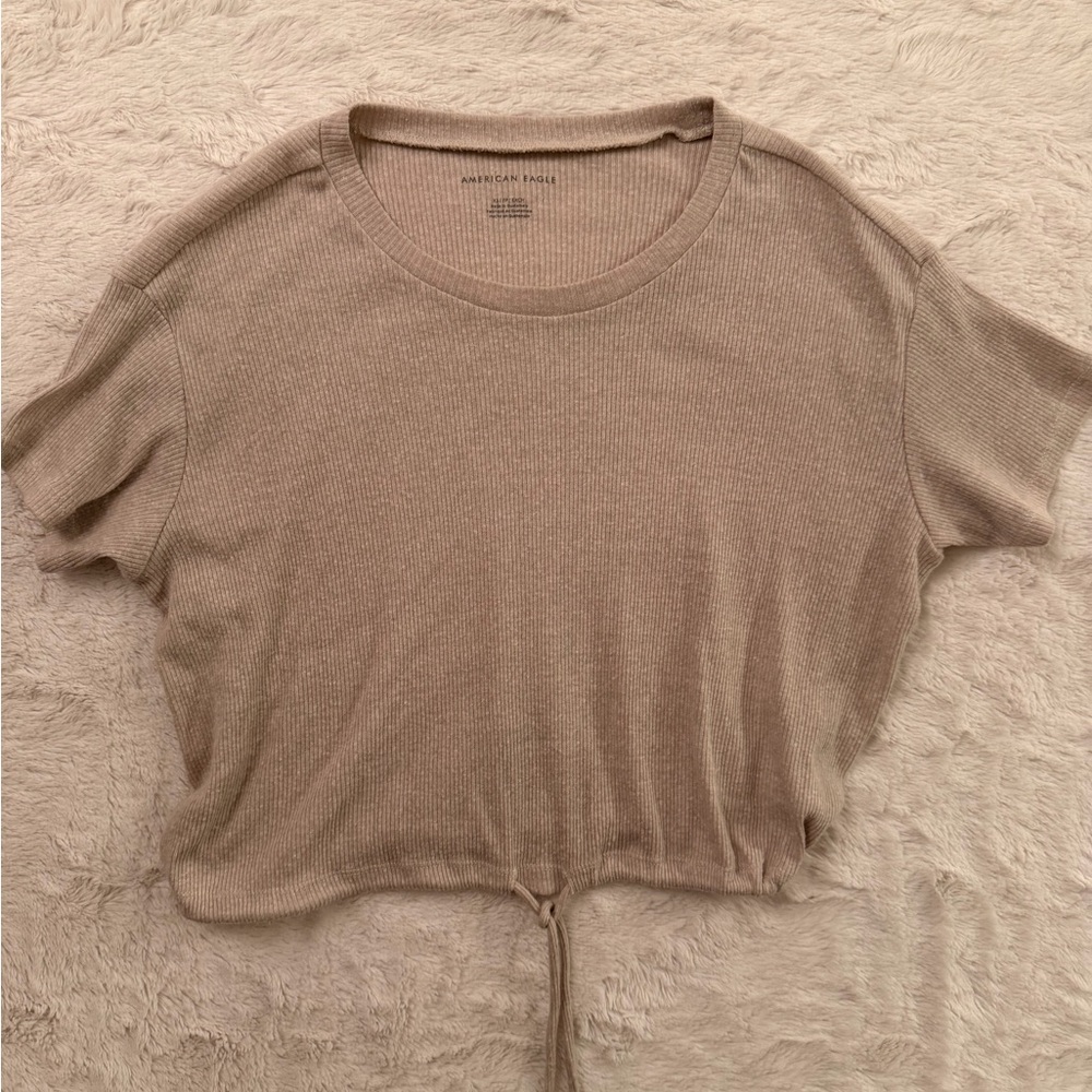 American Eagle Ribbed Drawstring Cinched Crop Top Beige XS